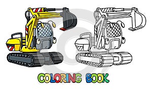 Funny small excavator with eyes. Coloring book