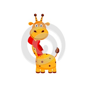 Funny Small Giraffe Wearing Scarf. Cute Vector