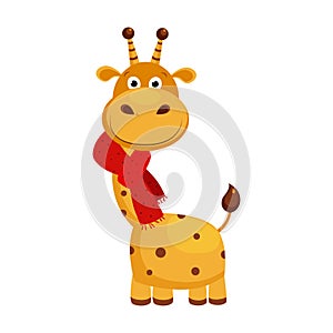 Funny Small Giraffe Wearing Scarf. Cute Vector Illustration