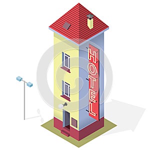 Funny small hotel. Tall comical hostel. Isometric hostel building. Motel.