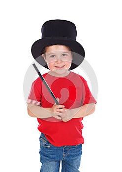 Funny small magician with a top hat and a magic wand