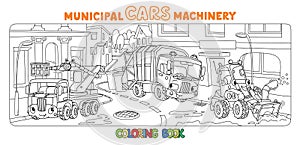 Funny small municipal cars with eyes Coloring book photo