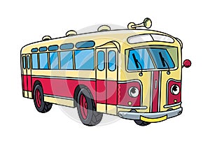 Funny small retro bus with eyes. Vector cartoon