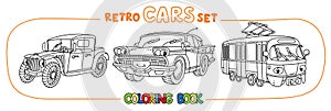 Funny small retro cars with eyes coloring book set