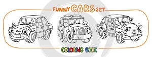 Funny small retro cars with eyes coloring book set