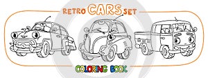 Funny small retro cars with eyes coloring book set