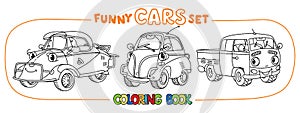 Funny small retro cars with eyes coloring book set