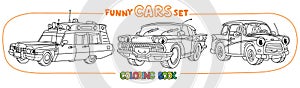 Funny small retro cars with eyes coloring book set