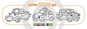 Funny small retro cars with eyes coloring book set