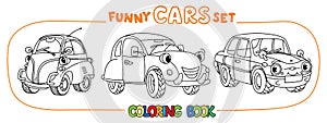 Funny small retro cars with eyes coloring book set