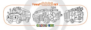 Funny small retro cars with eyes coloring book set