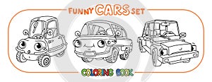 Funny small retro cars with eyes coloring book set