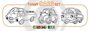 Funny small retro cars with eyes coloring book set