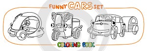 Funny small retro cars with eyes coloring book set