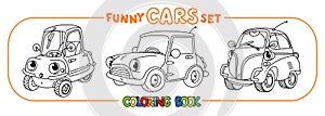 Funny small retro cars with eyes coloring book set