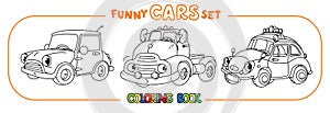 Funny small retro cars with eyes coloring book set