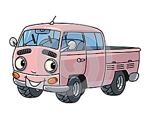 Funny small retro pickup car or van with eyes