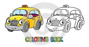 Funny small taxi car with eyes. Coloring book