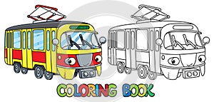 Funny small tram with eyes. Coloring book