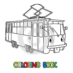 Funny small tram with eyes. Coloring book