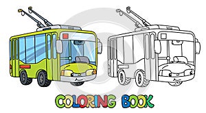 Funny small Trolleybus with eyes. Coloring book