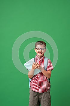 Funny smart Caucasian boy 7 years old with glasses with a school bag and a book