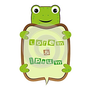 Funny smile cute cartoon turtle or frog self business frame with text vector kids illustration