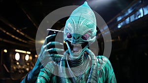 funny smiling alien creature using a cell phone to make a selfie photo