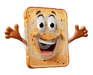 Funny smiling bread toast character cut out on white background. Healthy breakfast and good morning