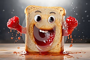 Funny smiling bread toast character with raspberry jam. Healthy breakfast and good morning concept