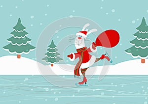 A funny smiling bunny or rabbit dressed in santa claus clothes carrying a big bag with christmas gifts is skating in