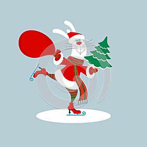 A funny smiling bunny or rabbit wearing santa claus clothes holding big red bag with gifts and green christmas tree is