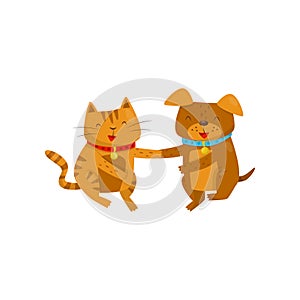 Funny smiling dog and cat holding hands, cute domestic pet animals cartoon characters, best friends vector Illustration