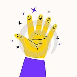 Funny smiling faces of people painted on the fingers. An interesting poster on the topic of friendship and relationships