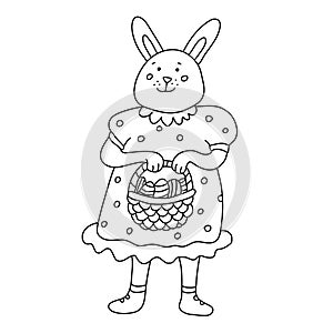 An funny smiling female rabbit or bunny with an Easter basket with eggs