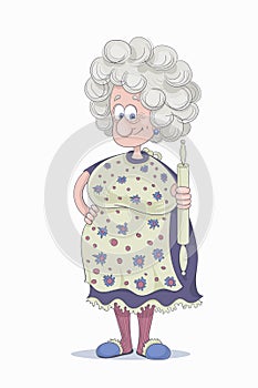 Funny smiling grandmother with gray hair in a purple dress and flowery cover-slut with a rolling pin in her hand