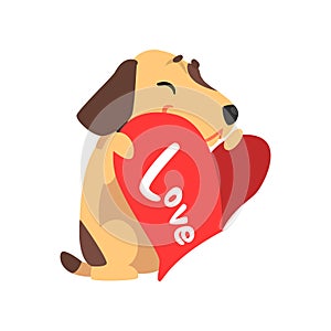 Funny smiling Jack Russell Terrier dog holding red heart, cute Valentine animal character vector Illustration