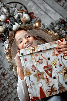 Funny smiling joyful child girl holds a Christmas present in his hand on a background of Christmas decorations and a