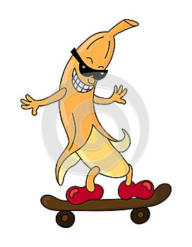 Funny smiling kawaii stripping banana with sunglasses and skateboard in doodle style.