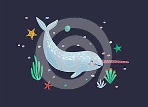 Funny smiling narwhal isolated on dark background. Happy ocean animal, joyful wild marine mammal, pretty sea world