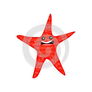 Funny smiling red cartoon starfish character, invertebrate sea animal cartoon vector Illustration