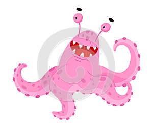 Funny Smiling Toothy Monster with Tentacles Vector Illustration