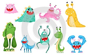 Funny Smiling Toothy Monsters with Horns Vector Set