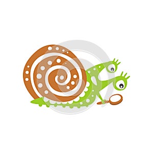 Funny snail character looking through magnifying glass, cute green mollusk hand drawn vector Illustration