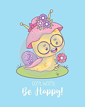 Funny snail character pretty woman in hat with flowers. Cute insect kawaii character. Vector illustration. Cool poster
