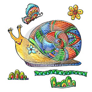 Funny snail.Illustration with snail.Set with funny snail.