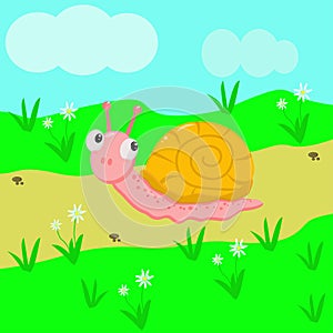 Funny snail in the meadow - vector illustration, eps