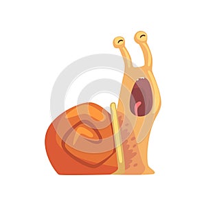 Funny snail yawning, cute comic mollusk character cartoon vector Illustration