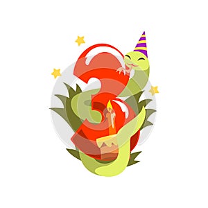 Funny snake in party hat and number three, Happy birthday, anniversary number with cute animal character vector