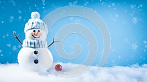 Funny snowman on Christmas holiday winter background, Merry Christmas and Happy Holidays wishes, generative ai